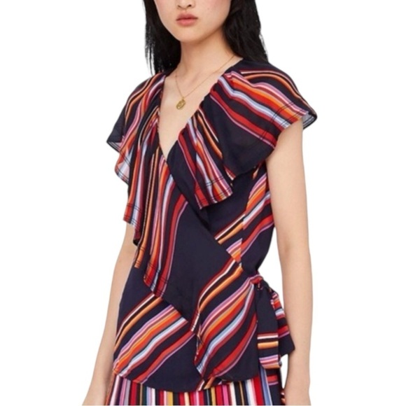Tory Burch Adelia Top NWT Wrap Silhouette Allover Stripe Ruffle Blouse - Picture 7 of 9